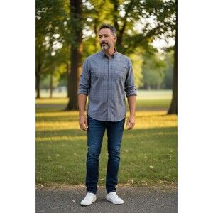 Carbon 2 Cobalt Men's L Button Up Long Sleeve Brown Blue Plaid Grunge Casual